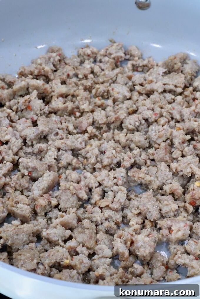 cooked ground sausage in a skillet