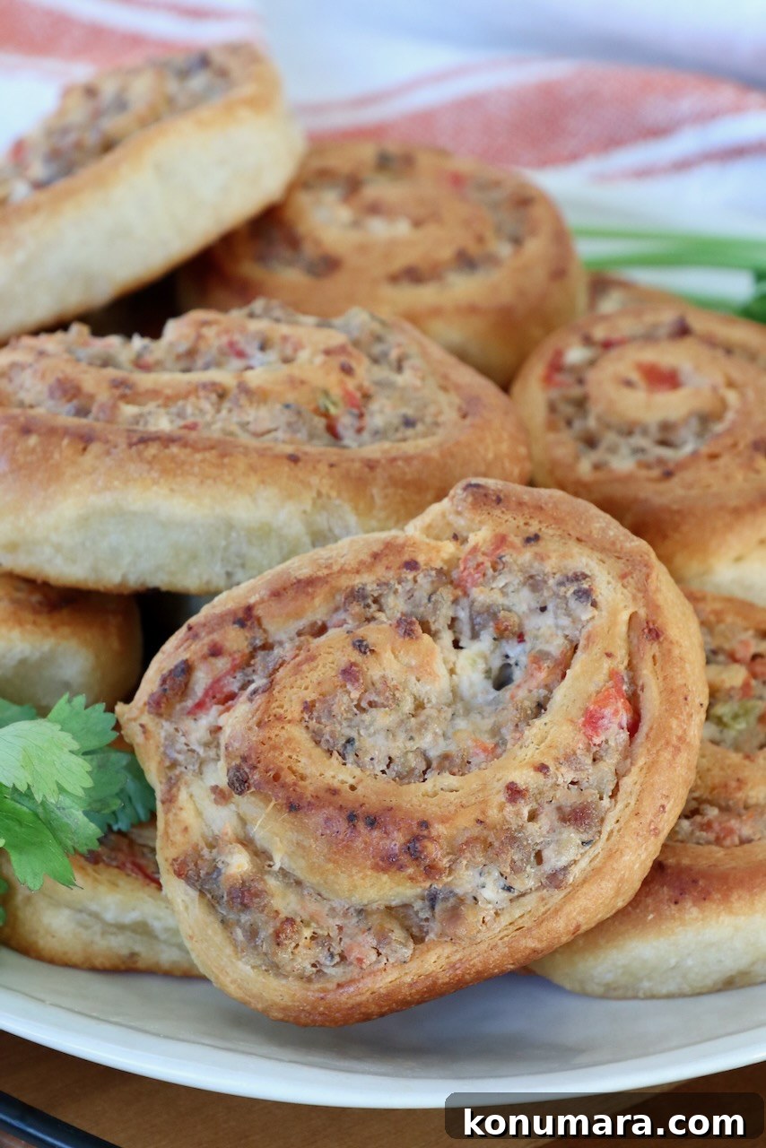 Close-up of savory swirled pastry rolls with a golden, crispy crust. Filled with sausage and tomatoes, garnished with fresh cilantro, on a white plate.