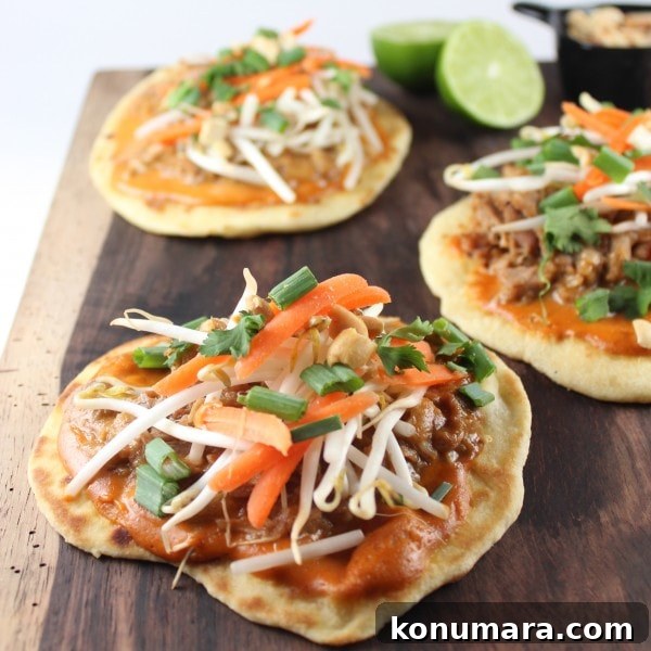Pulled Pork Roti Pizzas with Thai Peanut Sauce 2 Thai Roti Bread Peanut Pork Pizzas