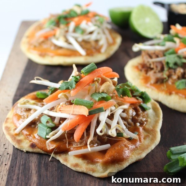 Pulled Pork Roti Pizzas with Thai Peanut Sauce 3 Grilled Roti Bread Pulled Pork Pizzas