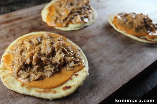 Pulled Pork Roti Pizzas with Thai Peanut Sauce 9 Roti Bread Thai Peanut Sauce Pulled Pork Pizzas