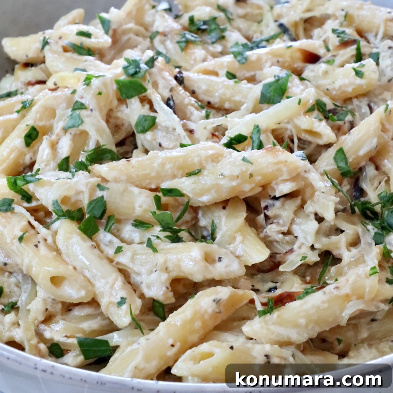 cooked penne pasta in a creamy sauce in a bowl