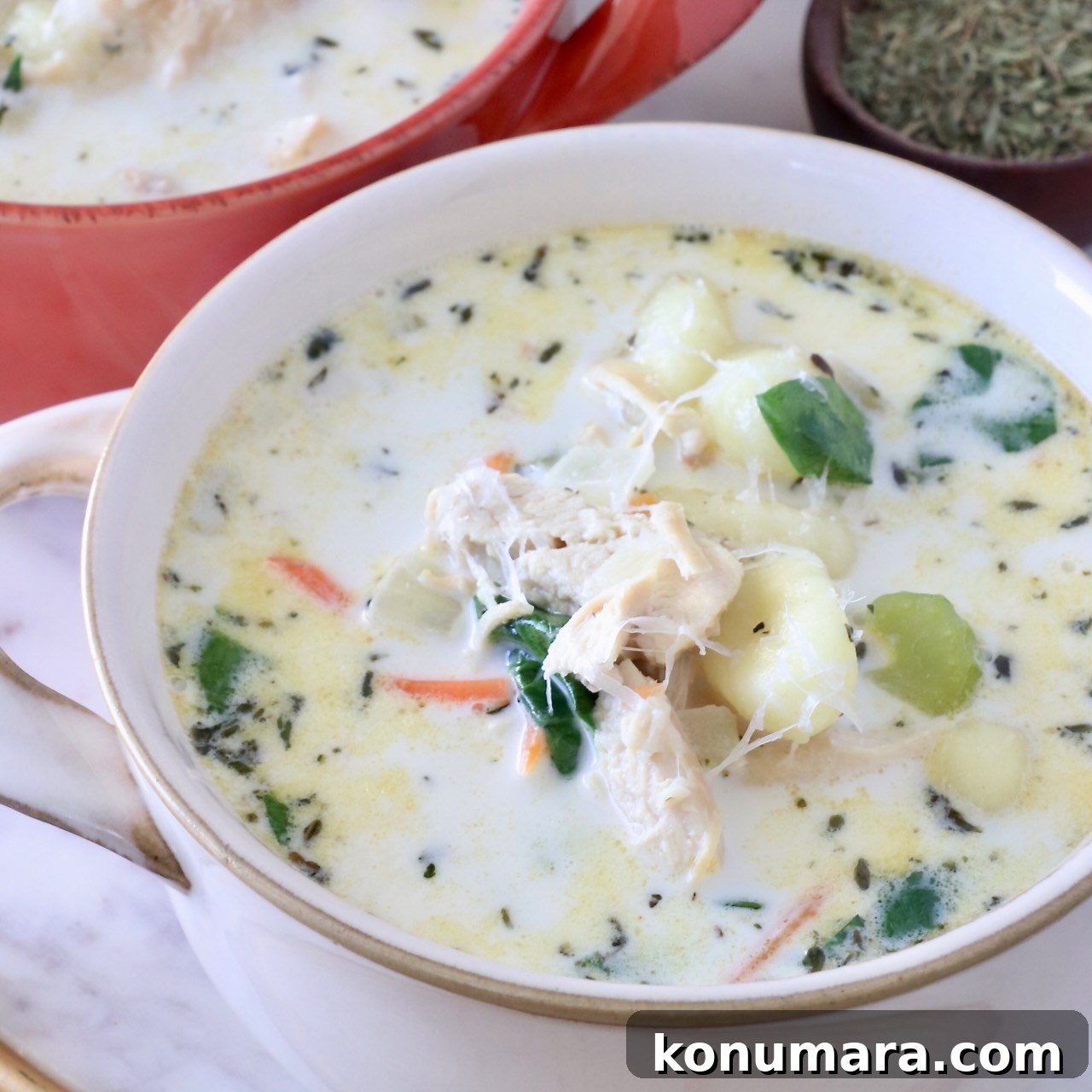 chicken gnocchi soup in a bowl