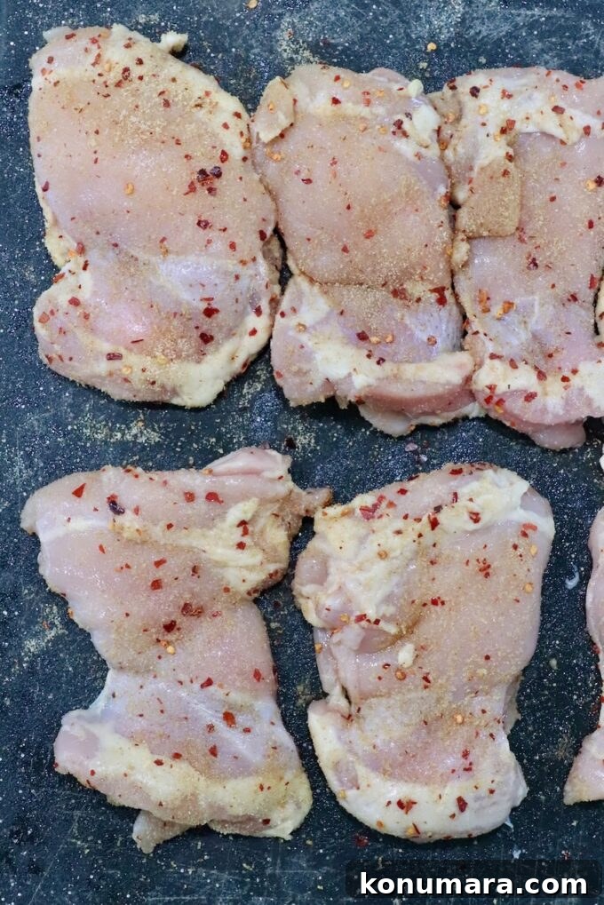 Authentic Thai Basil Chicken Stir-Fry (Pad Kra Pao) 4 Raw, skinless chicken thighs seasoned with spices and red pepper flakes are arranged on a dark, textured surface.