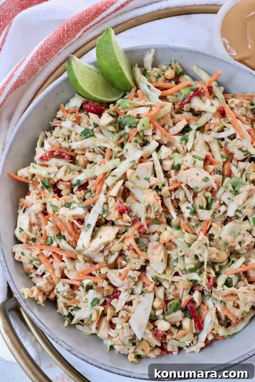Creamy Thai Peanut Dressing for Salads and Bowls 4 A vibrant Thai chicken salad in a bowl with shredded cabbage, carrots, peanuts, and cilantro. Two lime wedges are on top, and a creamy dressing is on the side.