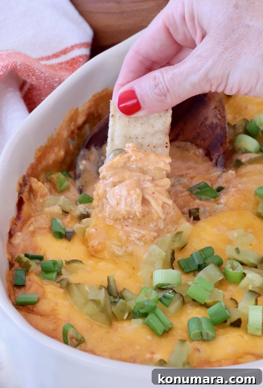 Spicy Nashville Hot Chicken Dip Recipe 2 A hand with red nails dips a tortilla chip into a cheesy, baked dip topped with chopped green onions, in a white dish