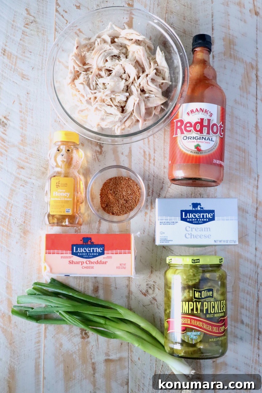 Spicy Nashville Hot Chicken Dip Recipe 3 A wooden surface displays ingredients including: shredded chicken, hot sauce, pickles, green onions, honey, cream cheese, cheddar, and seasoning.