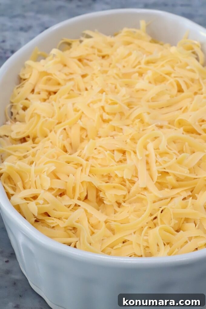 Spicy Nashville Hot Chicken Dip Recipe 7 A white ceramic dish filled with freshly grated cheddar cheese on top of hot honey chicken dip