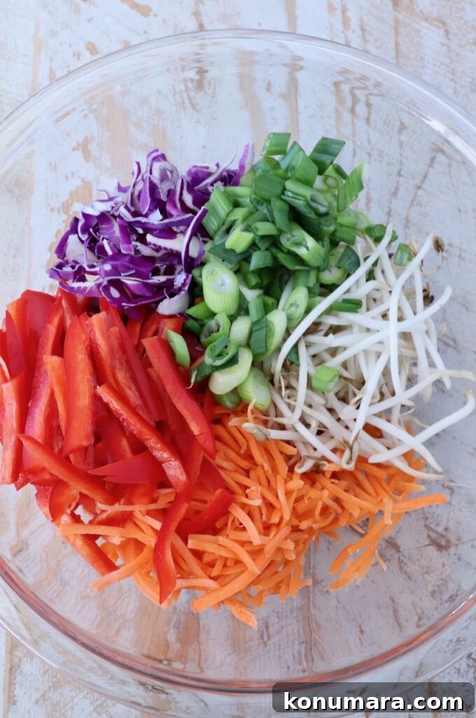 A clear bowl on a textured surface holds vibrant red bell peppers, shredded carrots, bean sprouts, green onions, and purple cabbage.