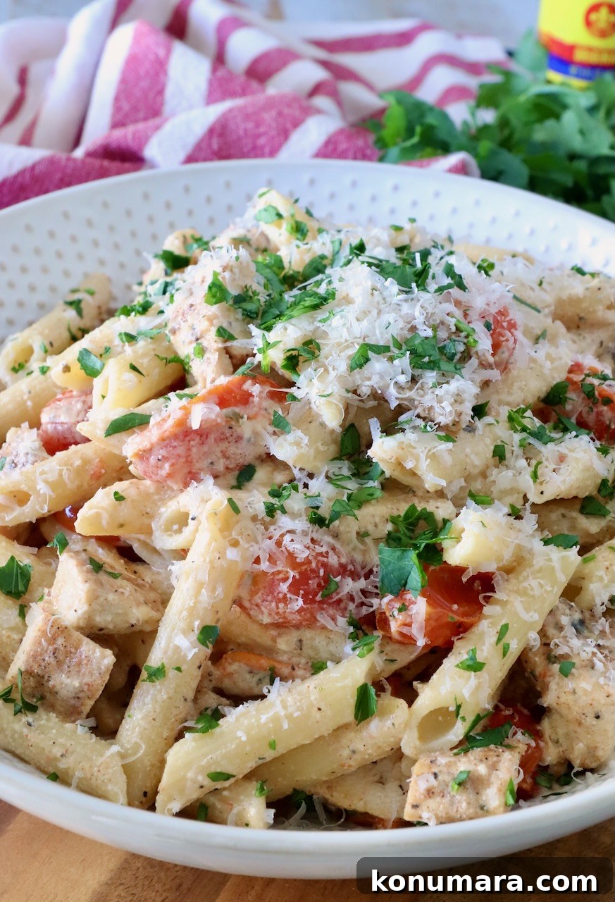 A bowl of creamy penne pasta with chicken and cherry tomatoes, topped with grated cheese and fresh parsley. A red-striped cloth is in the background.