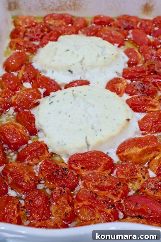 two rounds of melted Boursin cheese in a baking dish surrounded by roasted cherry tomatoes