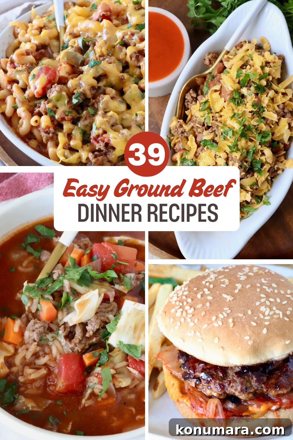 Quick Ground Beef Dinners for Weeknights 2 Collage of ground beef dishes, including a cheesy pasta bake, frito chili pie, a soup with vegetables, and a burger. Text reads