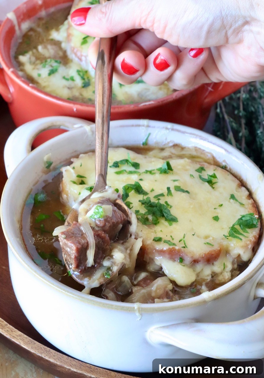 A bowl of French onion beef stew topped with melted cheese and herbs. A hand with red nail polish holds a spoon, lifting a piece of beef and onion out of the bowl.
