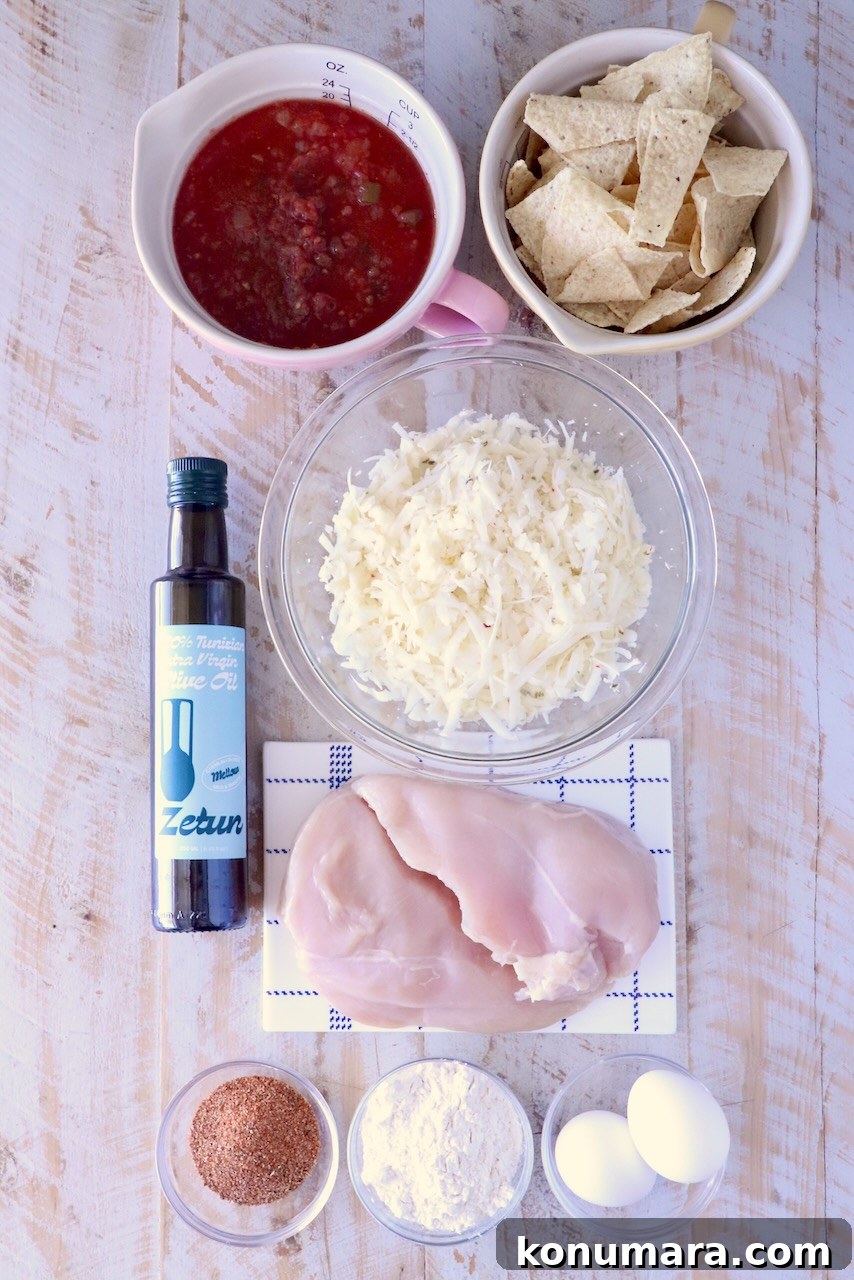 Crispy Mexican-Style Chicken Parmesan with Chipotle Sauce 3 Assorted ingredients on a wooden surface: salsa, tortilla chips, cheese, olive oil, raw chicken, spices, flour, and eggs, arranged for cooking.