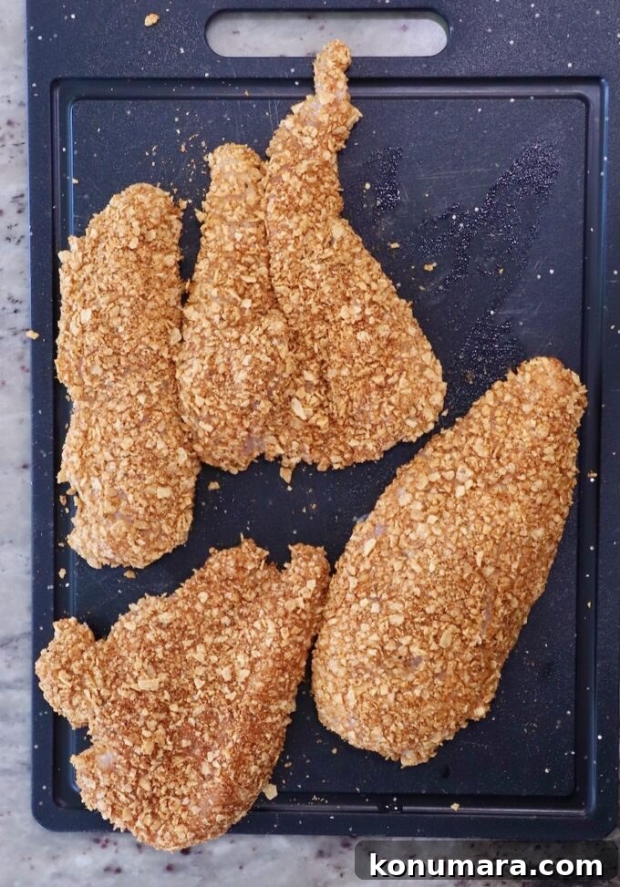 Crispy Mexican-Style Chicken Parmesan with Chipotle Sauce 5 Four breaded chicken breasts lie on a black cutting board, coated in crispy, golden breading, ready for cooking.