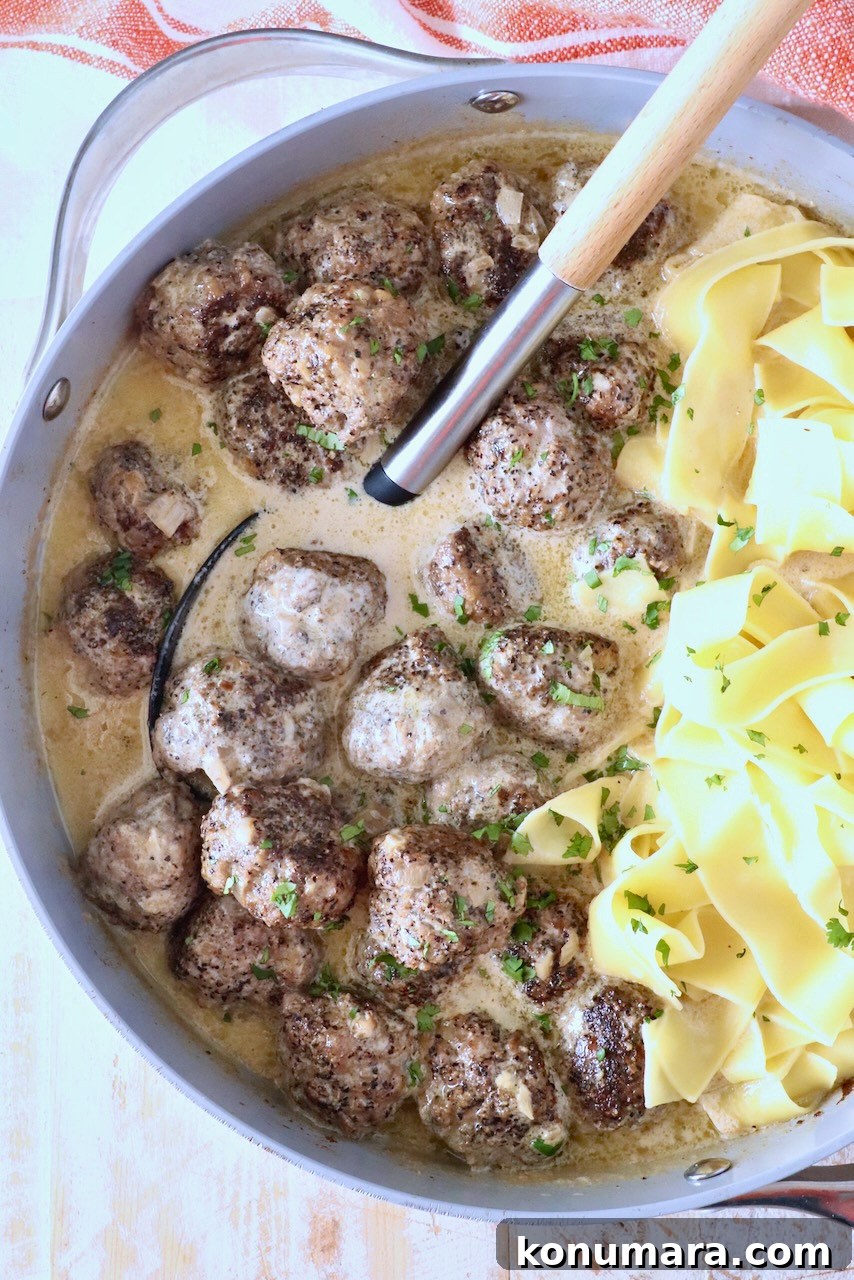 A pan filled with meatballs au poivre in a creamy sauce garnished with fresh herbs, alongside wide egg noodles. A ladle rests nearby.