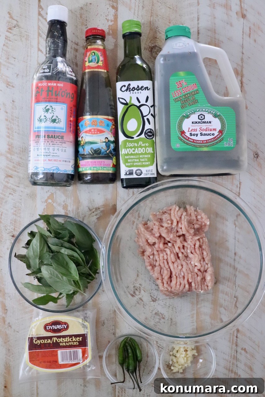 Thai Basil Chicken Dumplings Recipe with Chili Soy Dipping Sauce 5 Assorted cooking ingredients on a wooden surface, including fish sauce, oyster sauce, avocado oil, soy sauce, ground chicken, Thai basil, dumpling wrappers, chili peppers, and minced garlic.