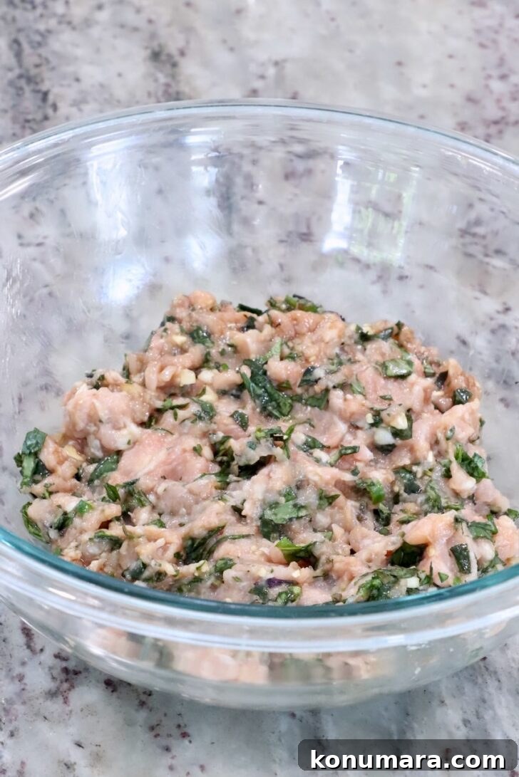 Thai Basil Chicken Dumplings Recipe with Chili Soy Dipping Sauce 7 Thai basil chicken dumpling filling mixed up in a glass bowl
