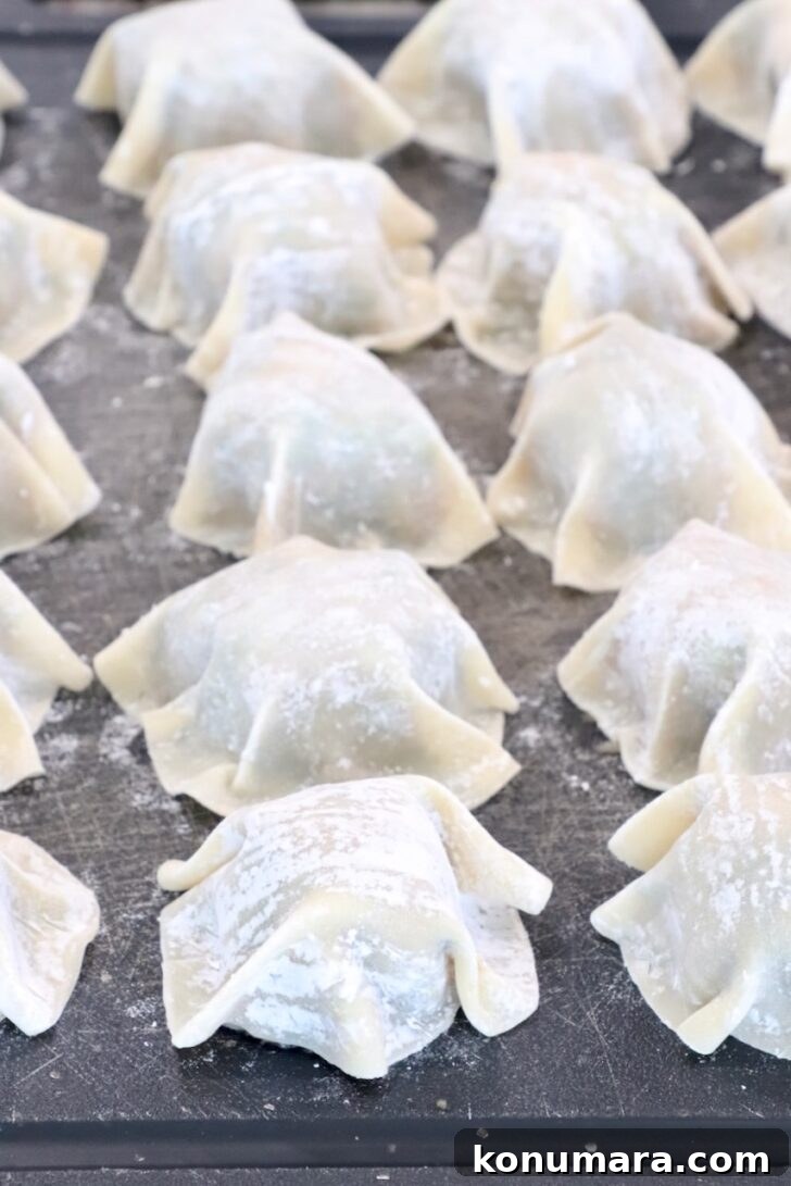 Thai Basil Chicken Dumplings Recipe with Chili Soy Dipping Sauce 9 prepared blanket dumplings on a cutting board