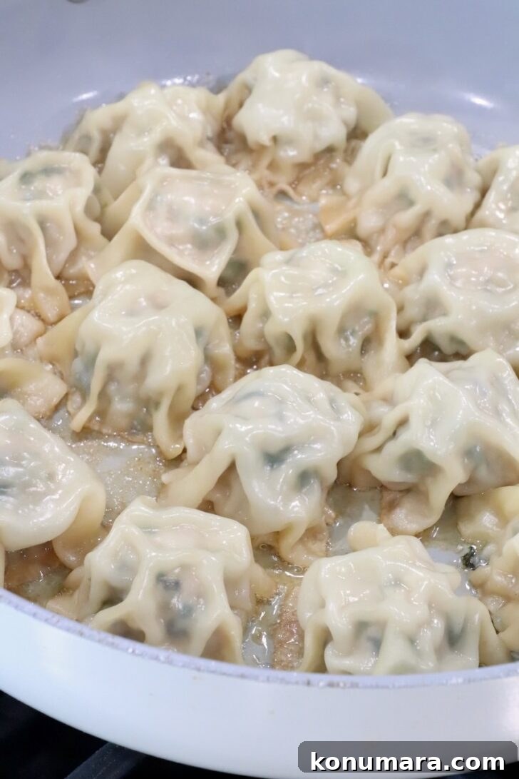 Thai Basil Chicken Dumplings Recipe with Chili Soy Dipping Sauce 10 blanket dumplings in a large skillet with water