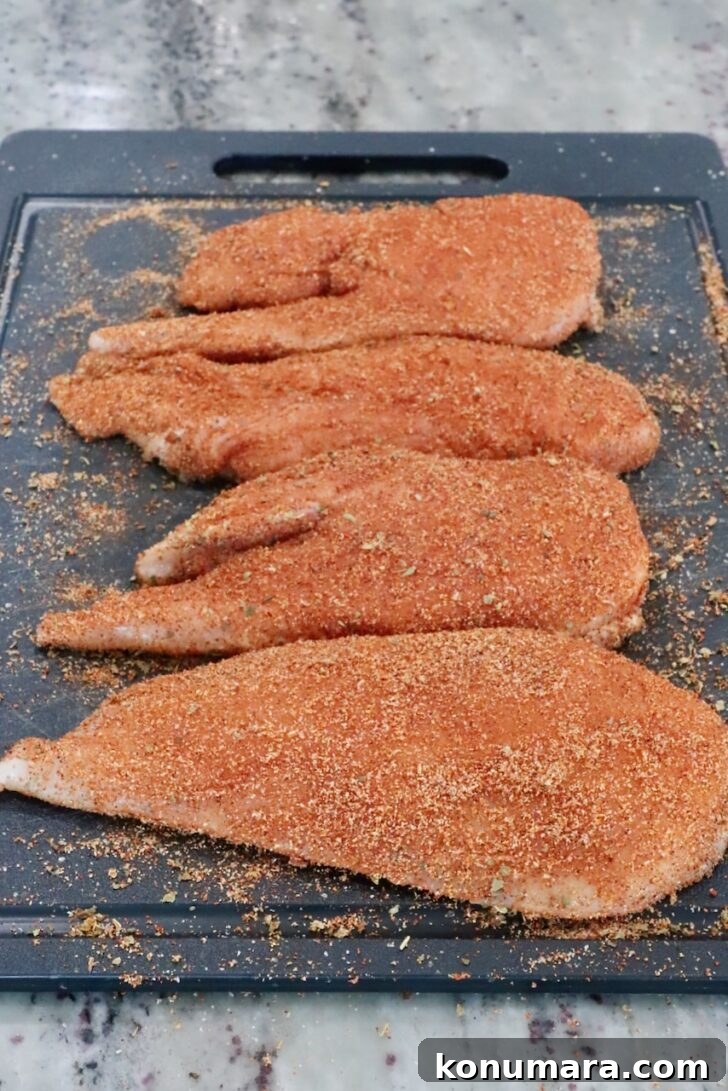 seasoned raw chicken breasts on a cutting board
