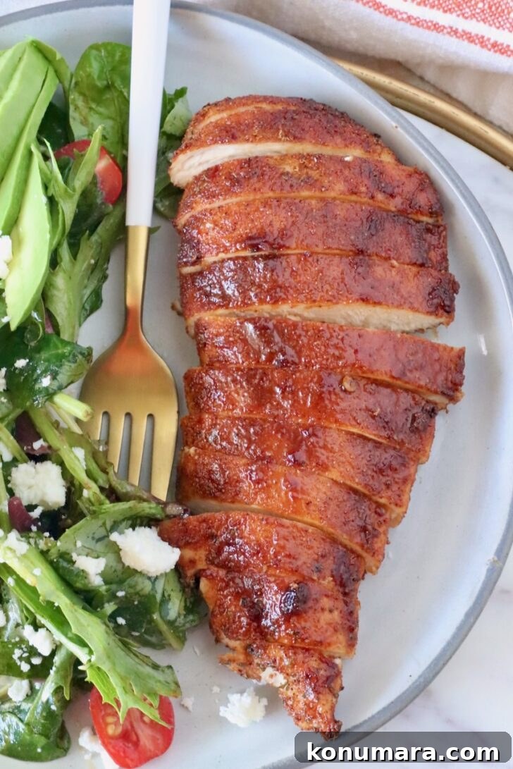 sliced cooked chicken breast on a plate with a fork and a side salad