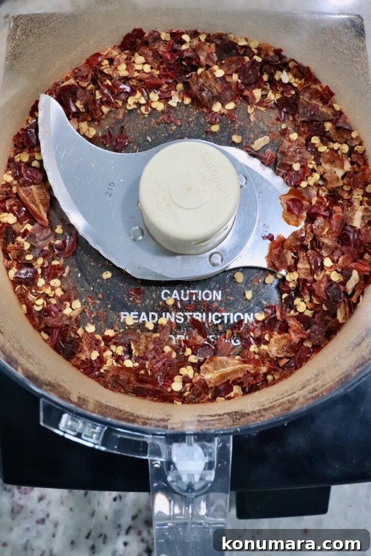 chopped dried chili peppers in a food processor