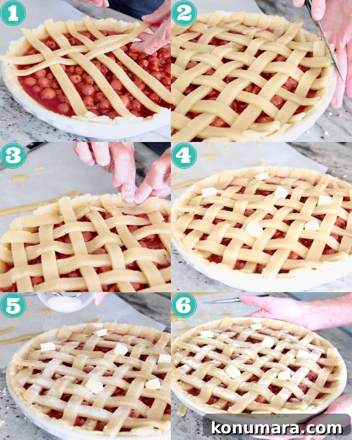 collage of images showing how to make lattice crust on a cherry pie