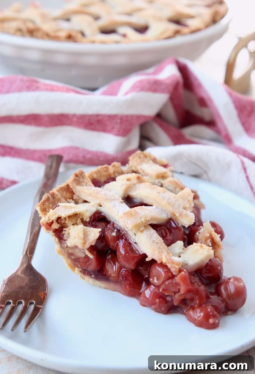 Slice of cherry pie on plate with fork