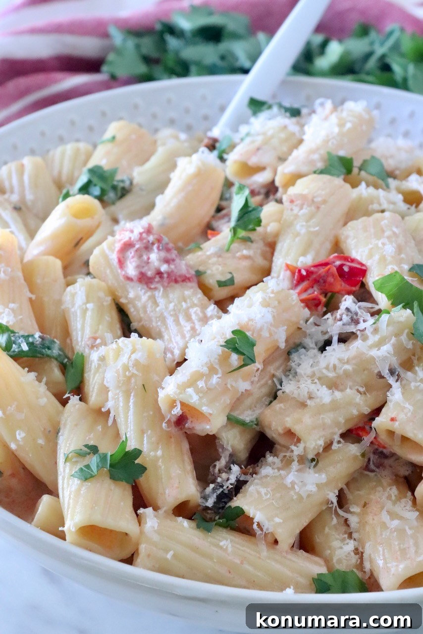 A bowl of creamy pasta topped with fresh parsley and grated cheese, mixed with sun-dried tomatoes; a fork rests in the bowl.