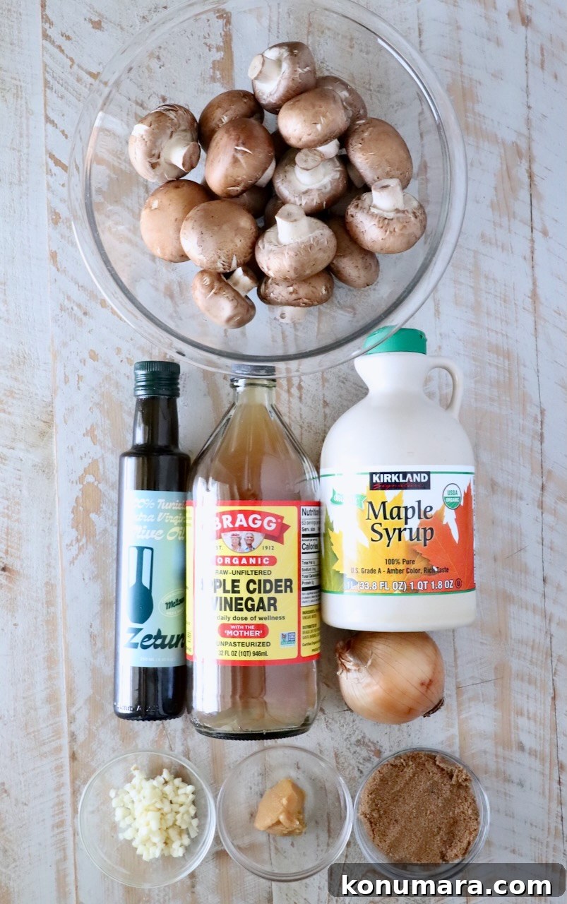 ingredients for mushroom jam on a white wood board