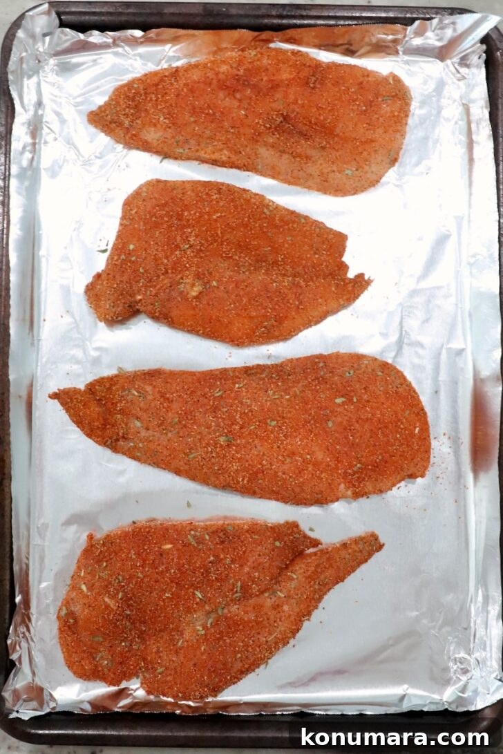 seasoned chicken breasts on a foil lined baking sheet