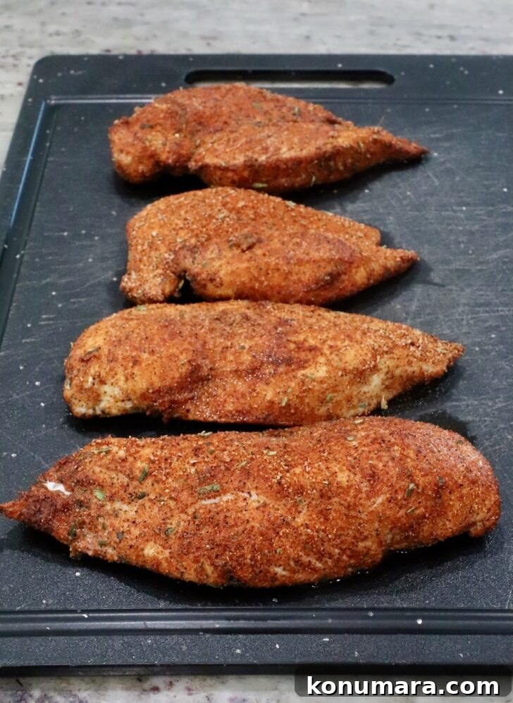 roasted, seasoned chicken breasts on a black cutting board