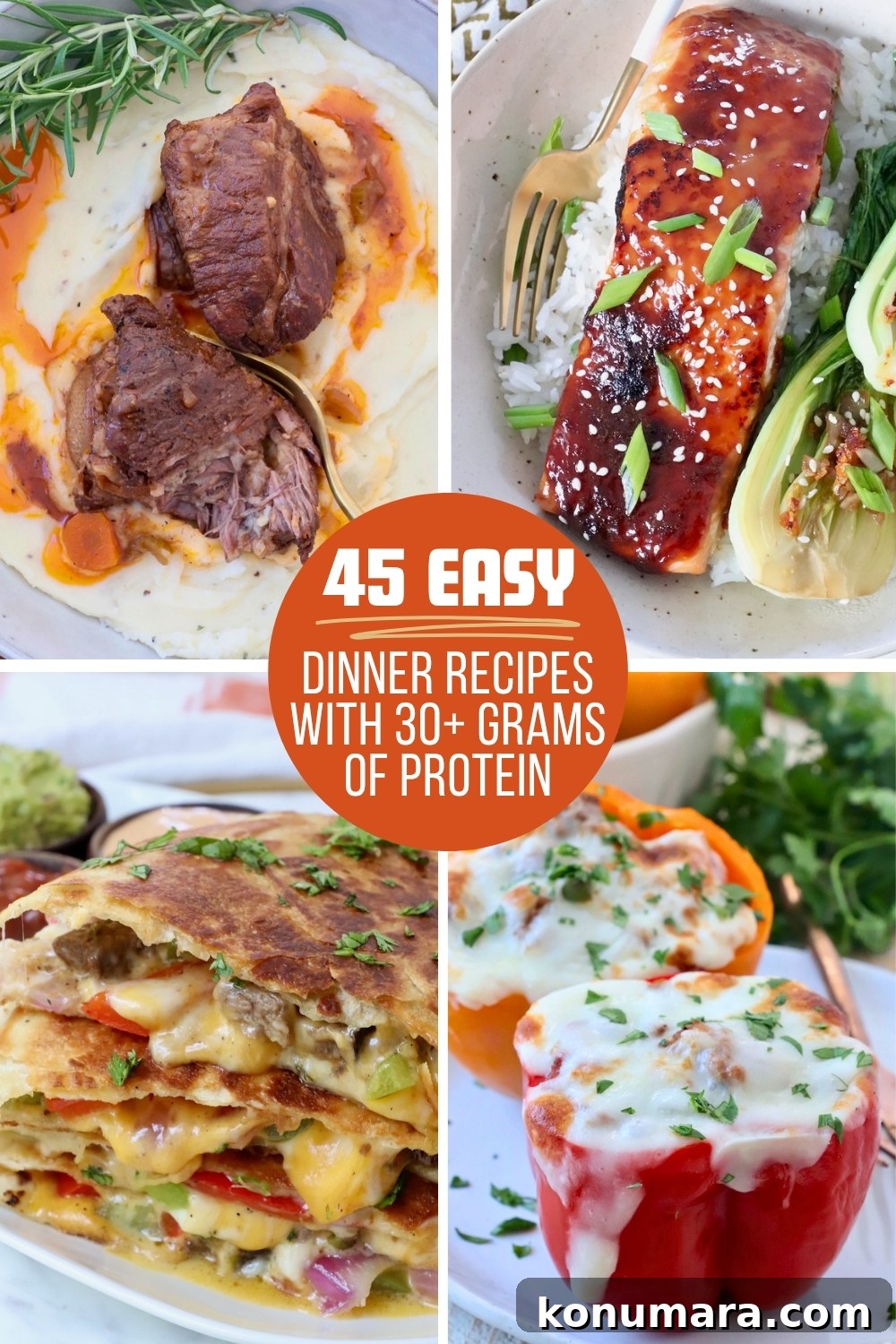 Collage of recipe images including a quesadilla, short ribs, stuffed peppers, and salmon
