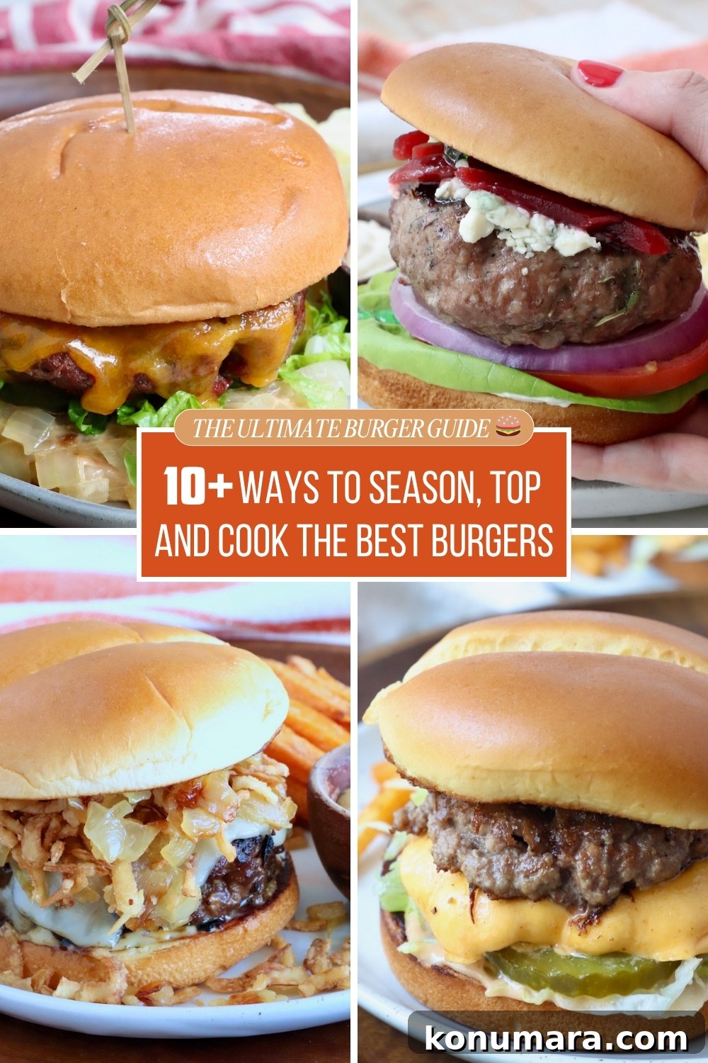 collage of four images of cheeseburgers on plates