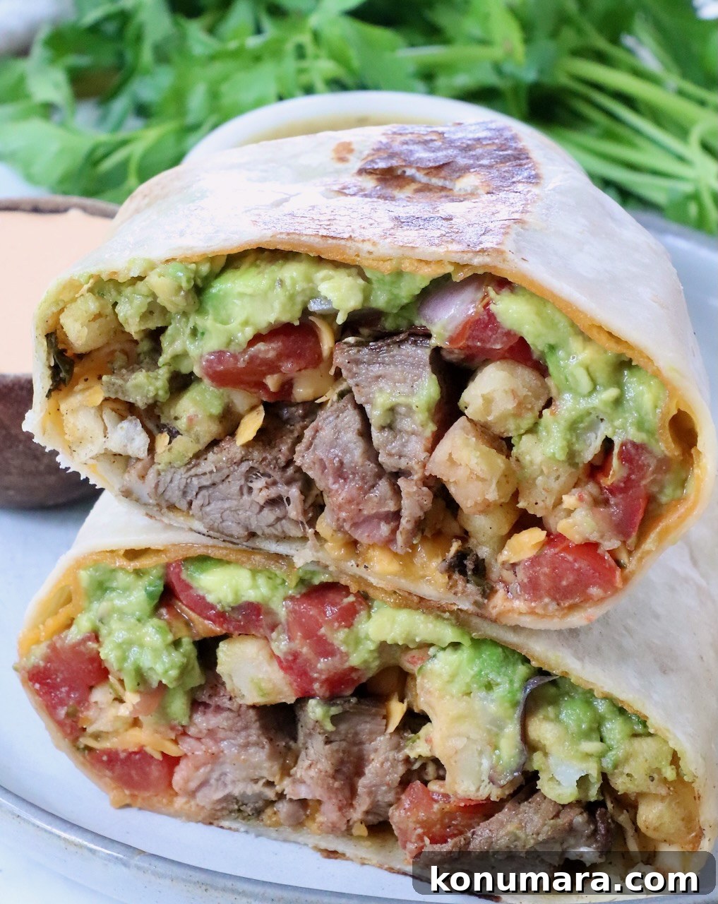 carne asada burrito cut in half and stacked on top of each other on a plate with fresh cilantro in the background