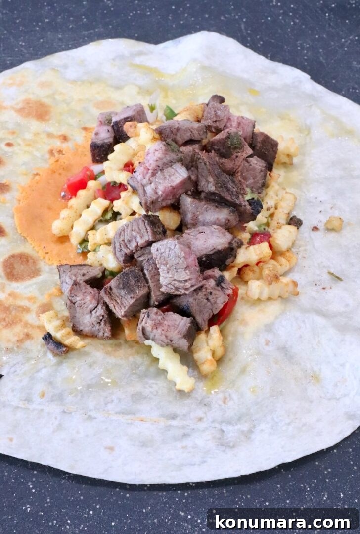 carne asada and french fries on top of pico de gallo in the middle of a tortilla