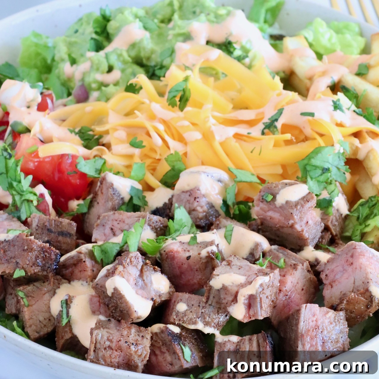 diced carne asada in a bowl with cheese, tomatoes, and guacamole