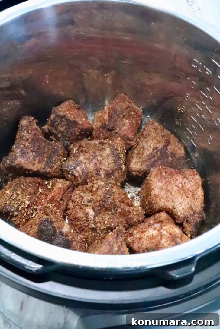 seasoned, seared pieces of beef in an instant pot