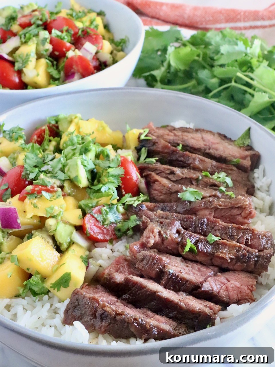 sliced jerk steak in a bowl with rice and mango avocado salsa