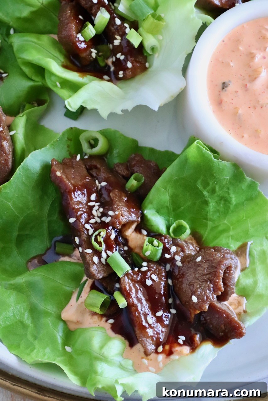 Korean Beef Bulgogi Lettuce Wraps Recipe 2 korean bbq sliced beef in a lettuce wrap with a creamy gochujang sauce on a plate