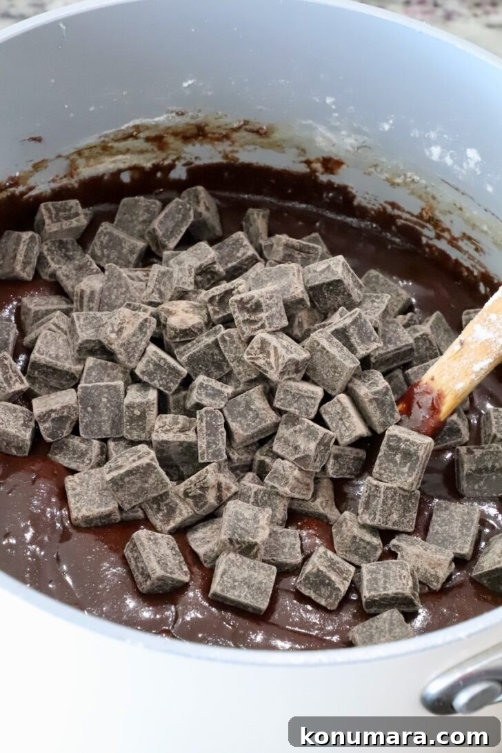 brownie batter in a pot, topped with dark chocolate chunks
