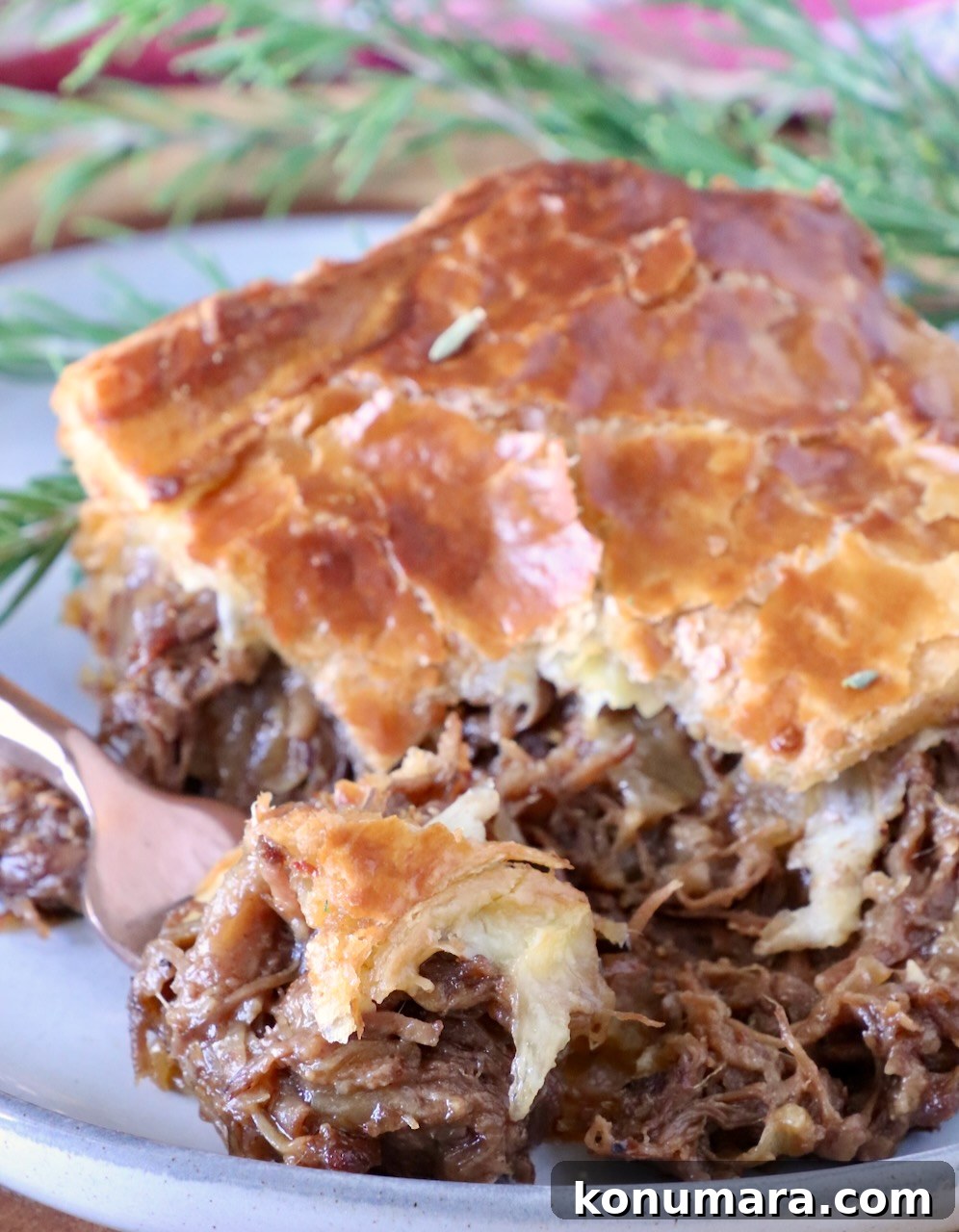 Braised Short Rib Pot Pie with French Onion 2 slice of short rib pot pie on a plate with a fork