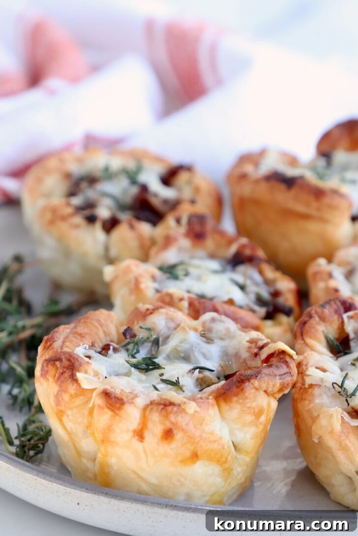 Braised Short Rib Pot Pie with French Onion 23 mini puff pastry pot pies topped with melted cheese on a plate