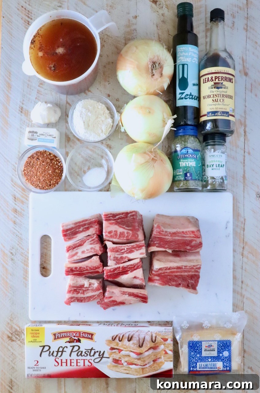 Braised Short Rib Pot Pie with French Onion 5 flat lay of ingredients for a french onion short rib pot pie on a white wood board