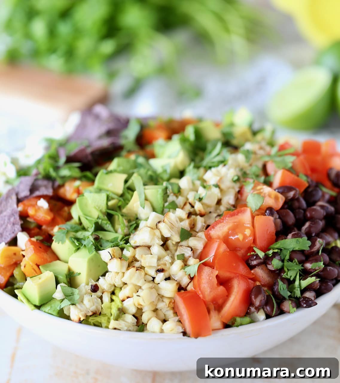 Vegetarian Grilled Romaine Chopped Salad topped with Tomatoes, Corn, Black Beans and Avocado