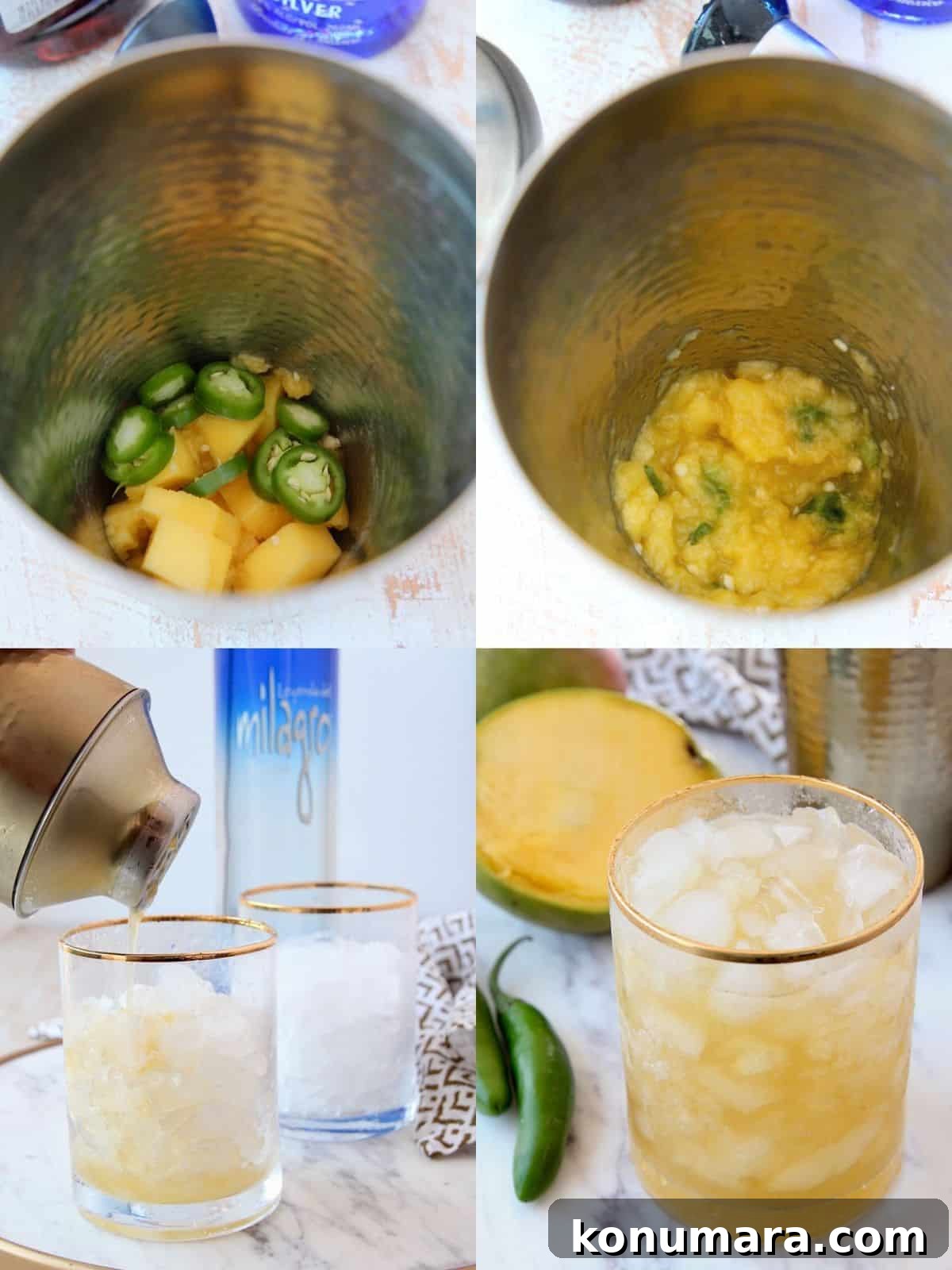 Collage of images showing how to make spicy mango margaritas