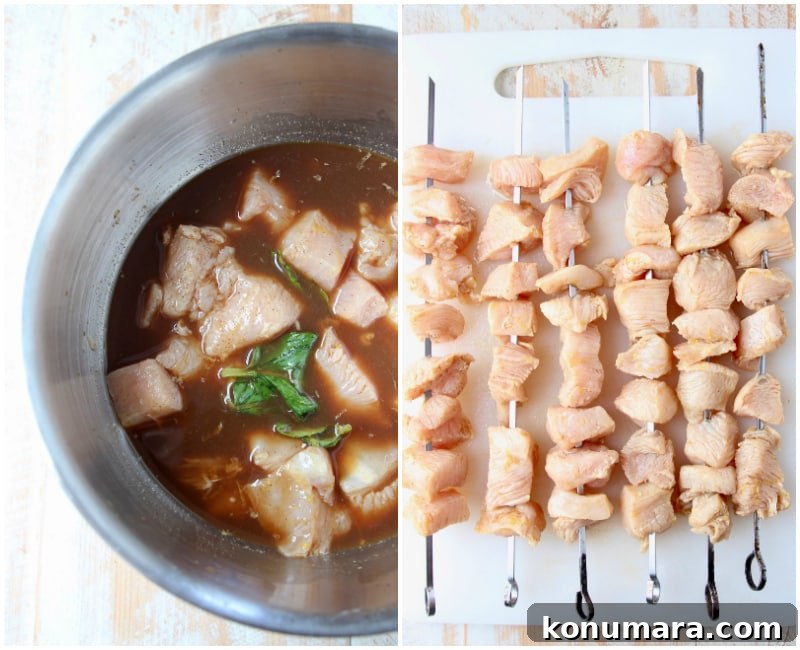 Collage of images of bourbon chicken skewer preparation