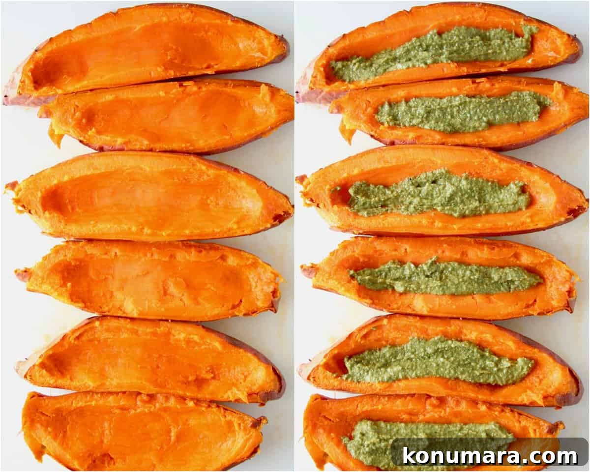 Loaded Sweet Potato Skins with Sage Pesto and Crispy Bacon 4 Collage of images showing how to make sweet potato skins with pesto