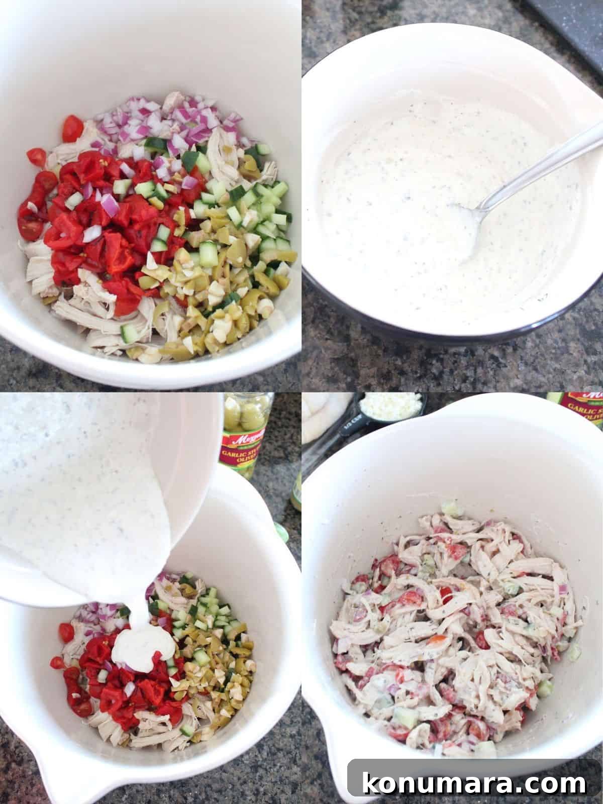 Greek Chicken Salad Pita with Tzatziki and Feta 4 collage of images showing how to make greek chicken salad